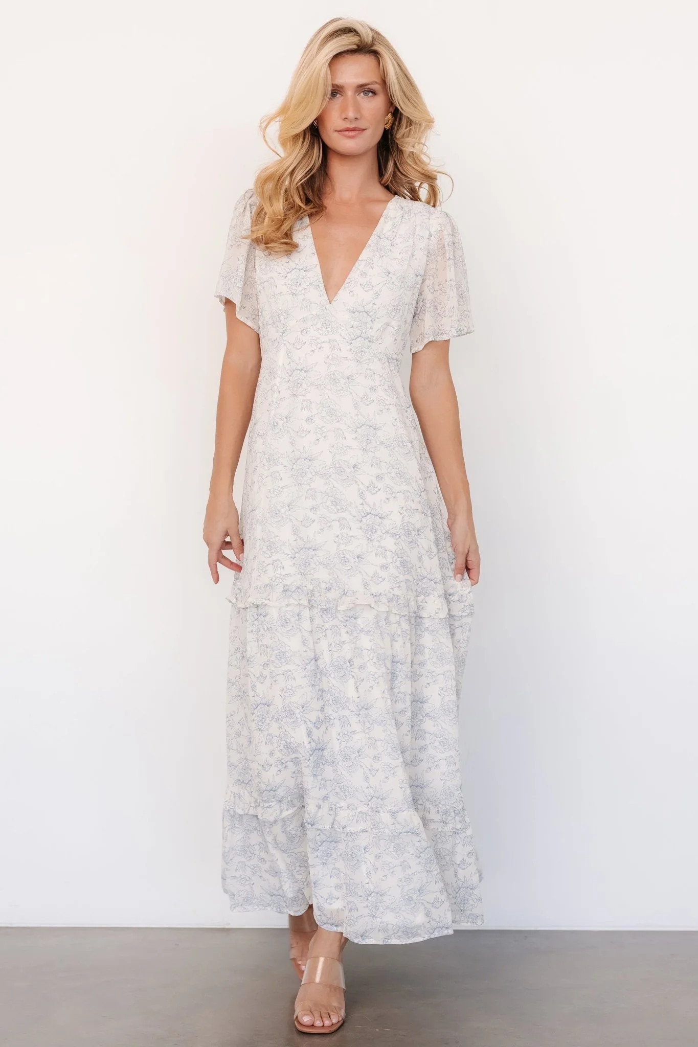 Audrey Deep V Maxi Dress | Off White + Blue Floral | Baltic Born