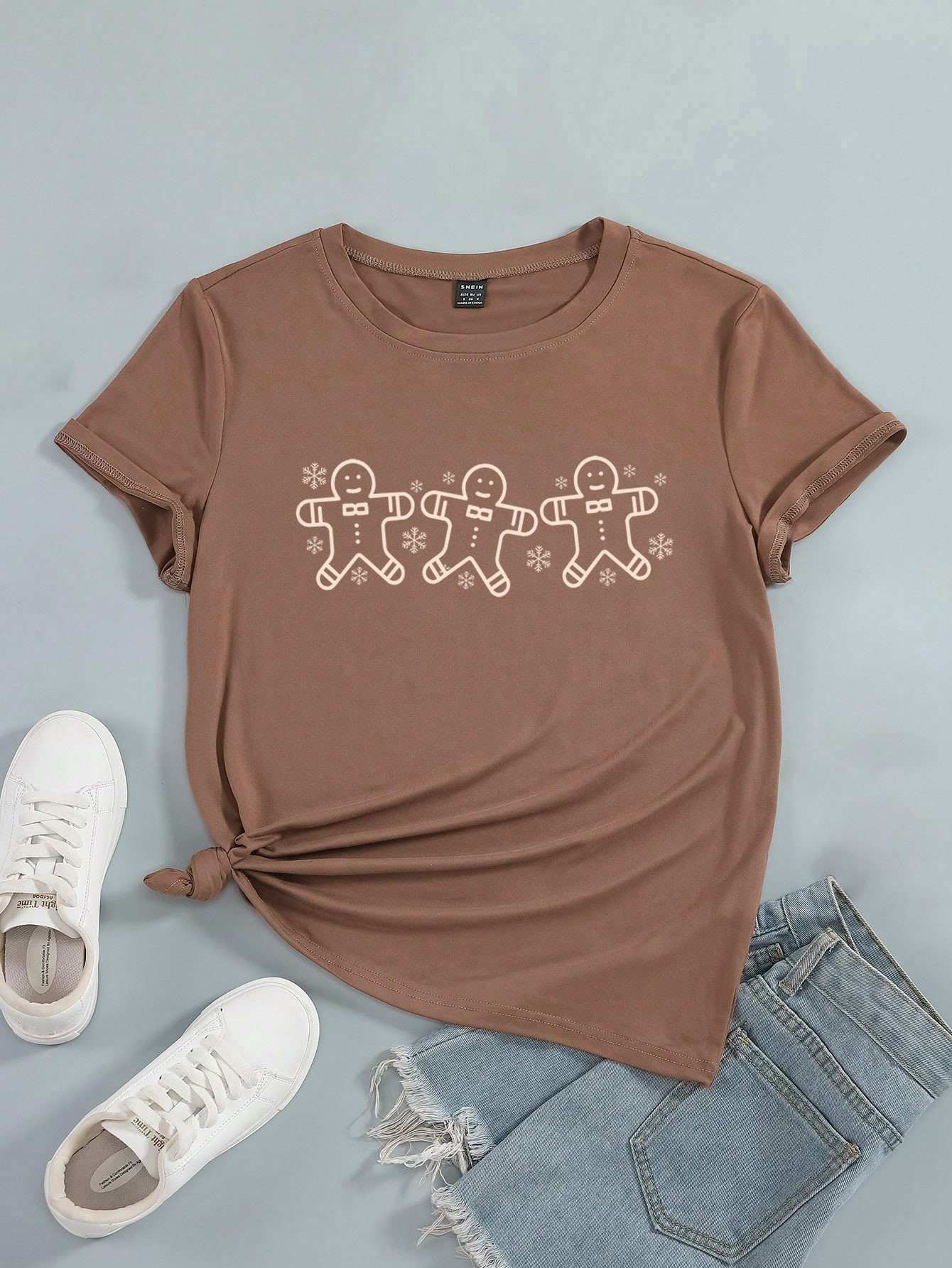 SHEIN EZwear Women Gingerbread Pattern Coffee Color Christmas T-Shirt | SHEIN USA | SHEIN