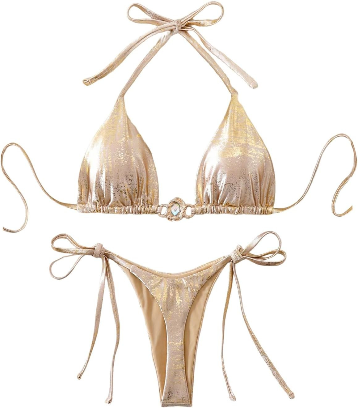SHENHE Women's Shiny String Thong Bikini Set Tie String Metallic Swimsuits | Amazon (US)