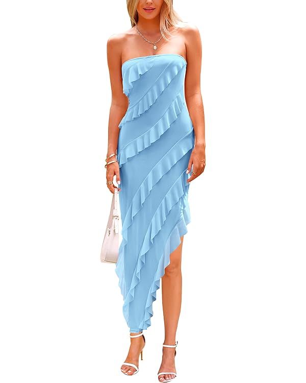 Pretty Garden Womens Strapless Tube Asymmetrical Ruffle Maxi Bodycon Dress | Amazon (US)