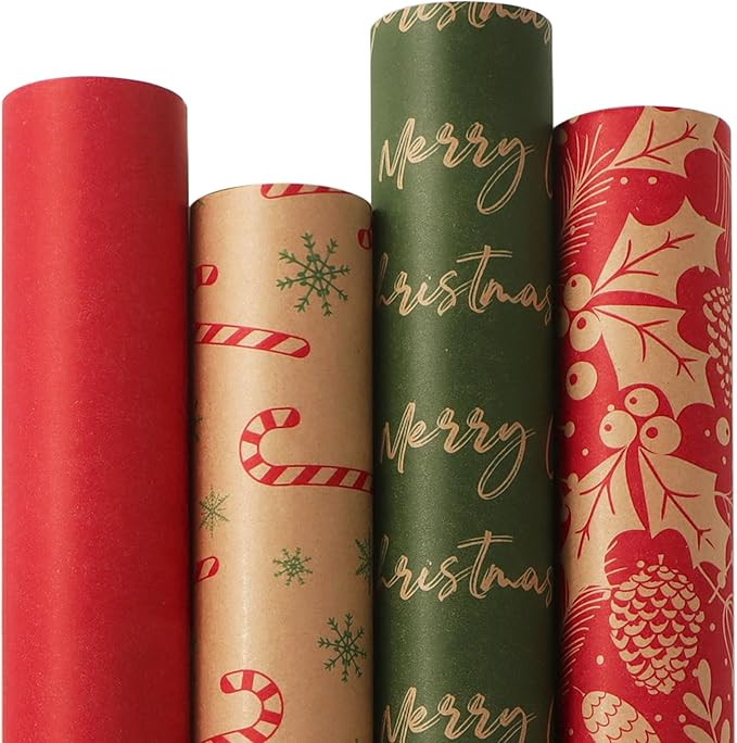 Ribbli Christmas Wrapping Paper, 4 Rolls Brown Red Green Kraft Vintage Wrapping Paper Rolls, Cand... | Amazon (US)