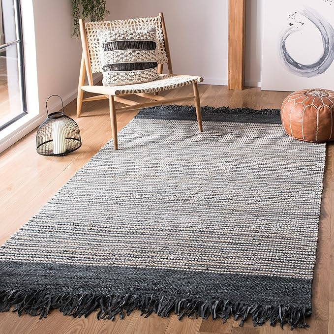 SAFAVIEH Vintage Leather Collection Area Rug - 6' x 9', Dark Grey & Multi, Handmade Boho Fringe L... | Amazon (US)