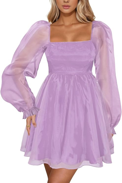 Aisbei Women's Square Neck Puff Sleeve Babydoll Dress Backless Casual A-Line Short Mini Dresses | Amazon (US)