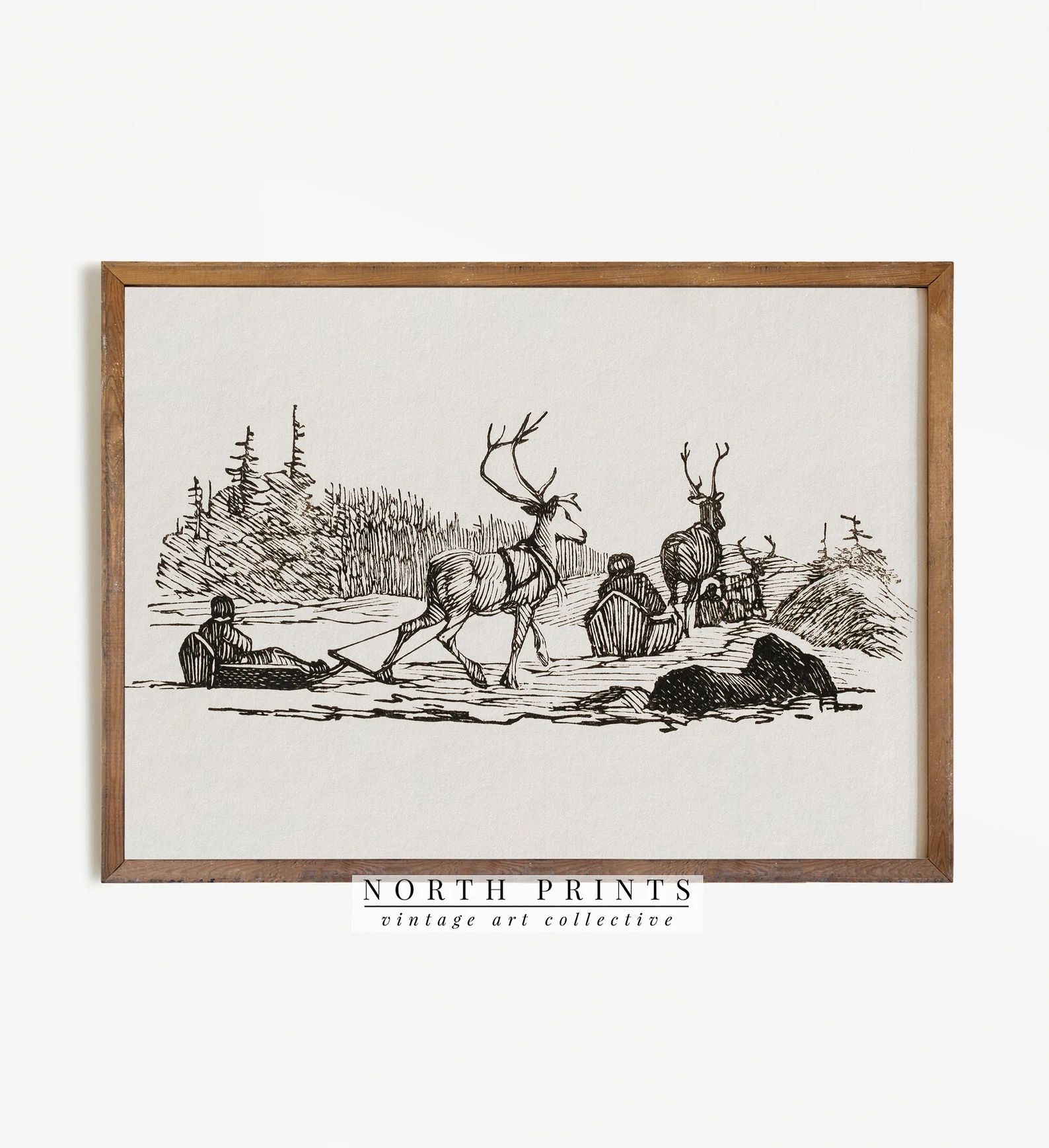 Vintage Reindeer Sketch | Christmas Landscape Etching | Christmas Decor PRINTABLE #304 | Etsy (US)