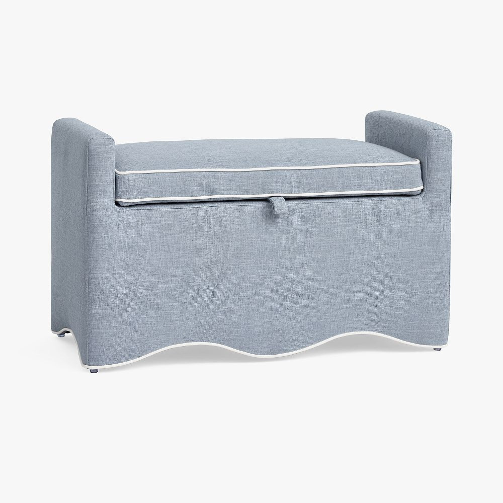 Eco Performance Textured Weave Chambray Wavy Piped Storage Settee (36.5") | Pottery Barn Teen