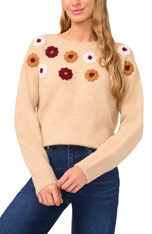 CeCe Embroidered Flower Sweater in Sandy Heather at Nordstrom, Size Large | Nordstrom