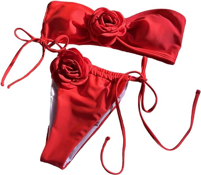 Women Bandeau Swimsuit Strapless Bikinis Top Side Adjustable Bottom Two Pieces Bathing Suit Set B... | Amazon (US)