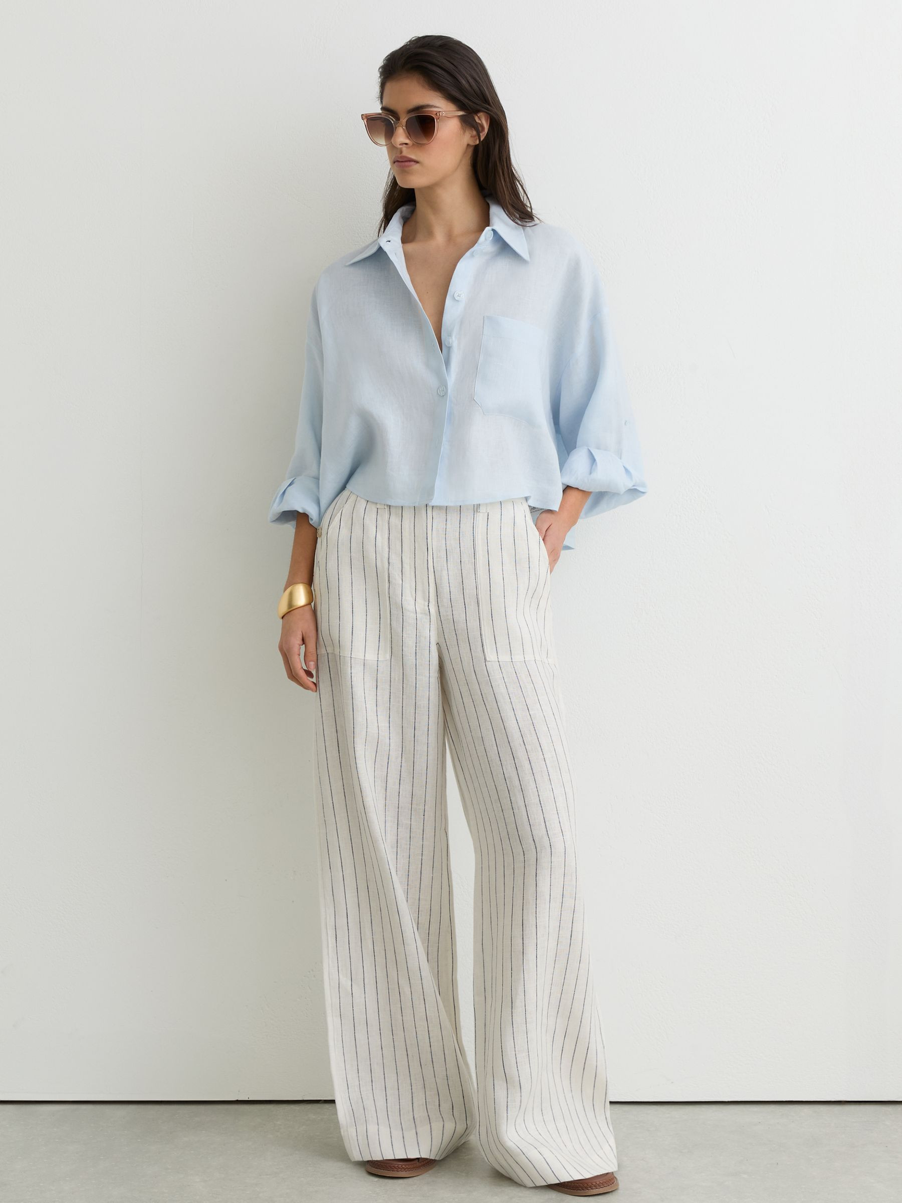 Reiss Linen Wide-Leg Trousers in White/Navy | REISS | Reiss DE
