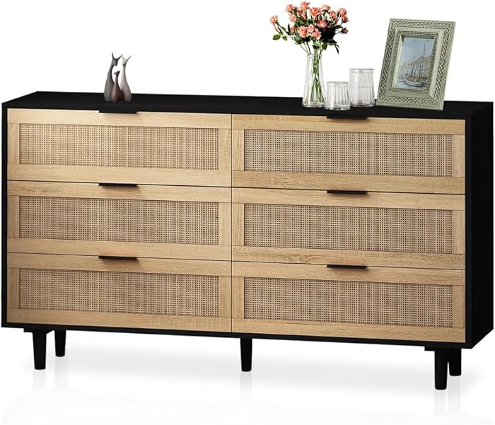 Black Rattan Dresser, 6 Drawer Dresser for Bedroom, Wooden Boho Dressers Chest of Drawers, Modern... | Amazon (US)