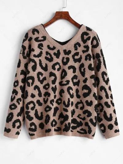 V Neck Leopard Print Drop Shoulder Pullover Sweater  | ZAFUL (Global)