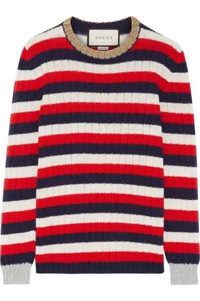 Gucci - Metallic-trimmed Striped Wool And Cashmere-blend Sweater - Red | NET-A-PORTER (US)