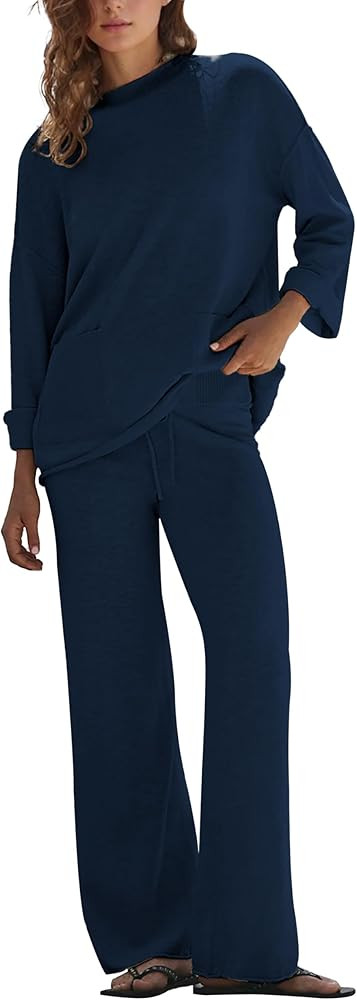 Women's 2 Piece Sweater Set Long Sleeve Knit Top Wide Leg Pants Fall Winter Casual Lounge Outfit(... | Amazon (US)