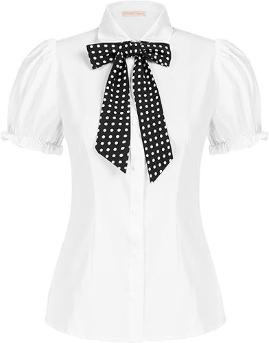 Belle Poque Summer Short Sleeve Office Button Down Blouse Stripe Shirt Tops with Bow Tie BP573 | Amazon (US)