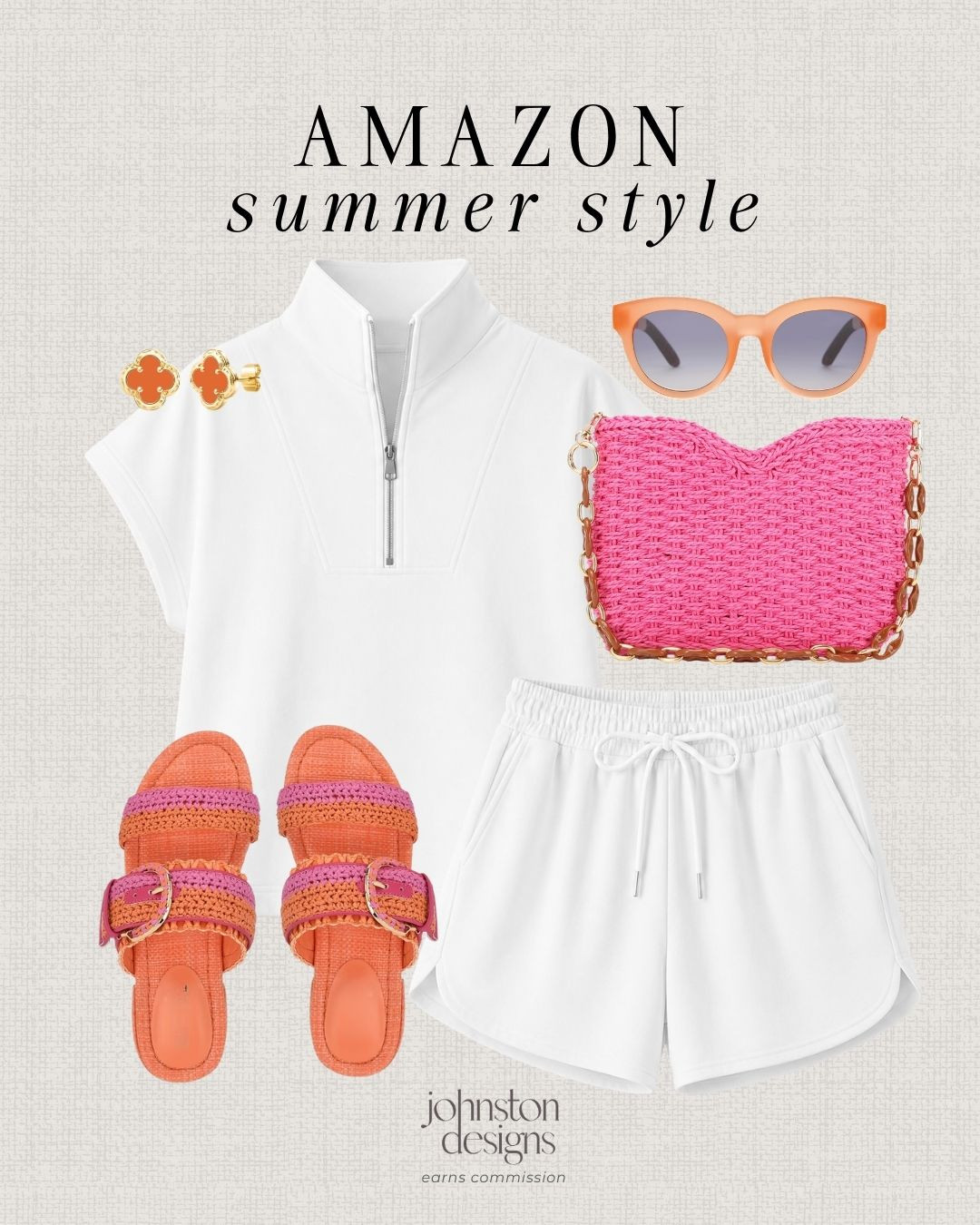 Amazon summer style with a white active set, colorful woven sandals and bright statement accessories. 🧡

Amazon summer outfit, white matching set, quarter zip top, white lounge shorts, orange woven sandals, pink straw bag, coral sunglasses, orange stud earrings, casual summer style, vacation outfit idea, warm weather outfit, affordable Amazon fashion, colorful accessories, comfy weekend look 

 #LTKootd #LTKSeasonal #LTKTravel