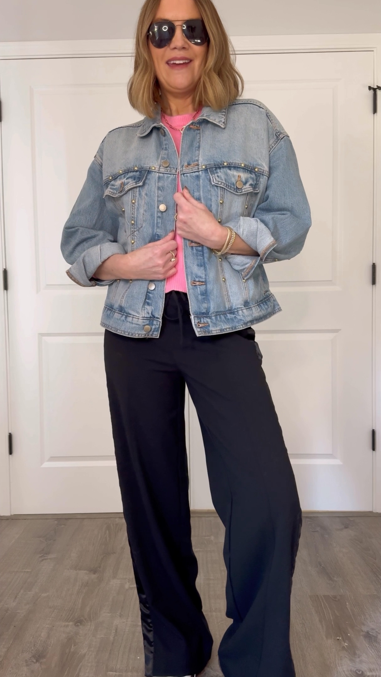 These elevated track pants from target are on sale and I’m kind of obsessed. You could absolutely dress these up, but I love how they look styled casually with these plush sweaters also from target and also on sale. Add a low profile sneaker and you’ll be comfy and look pulled together. Or snazz them up for date night with these red buckle flats
Pants small 
Sweaters large 
Studded, denim jacket, medium 



#LTKSaleAlert #LTKStyleTip #LTKOver40