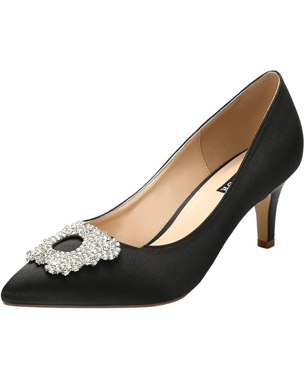 ERIJUNOR Women's Pumps Low Heel Rhinestone Brooch Satin Evening Dress Wedding Shoes | Amazon (US)