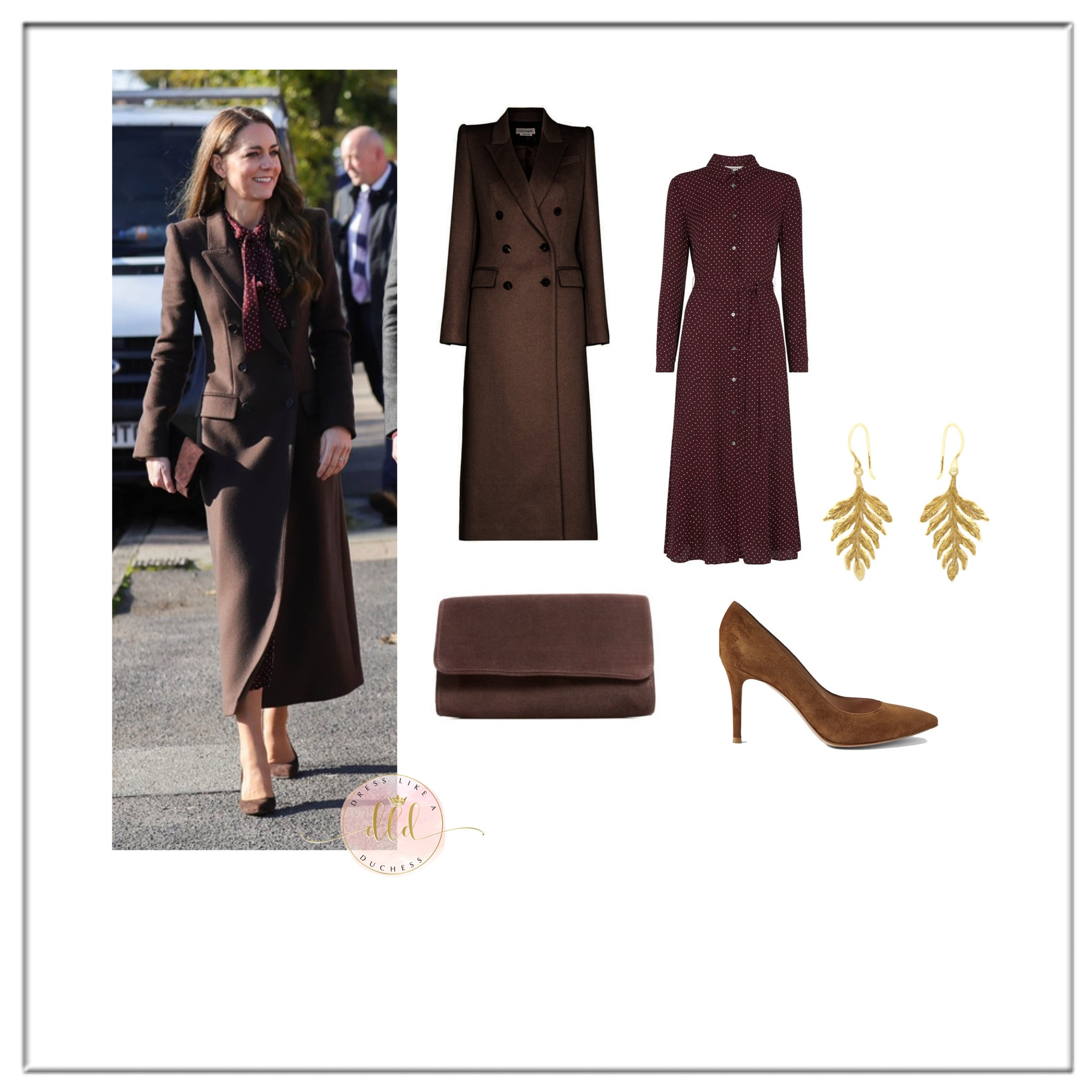 {New} Kate Middleton October 10, 2024 in Whistles Margot polka dot burgundy shirtdress + Alexander McQueen bespoke maxi coat in chocolate + Catherine Zoraida fern earrings 