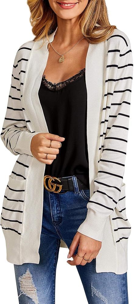 Womens Striped Cardigan Open Front Fall Long Sleeve Lightweight Knit Sweaters Coats with Pockets | Amazon (US)