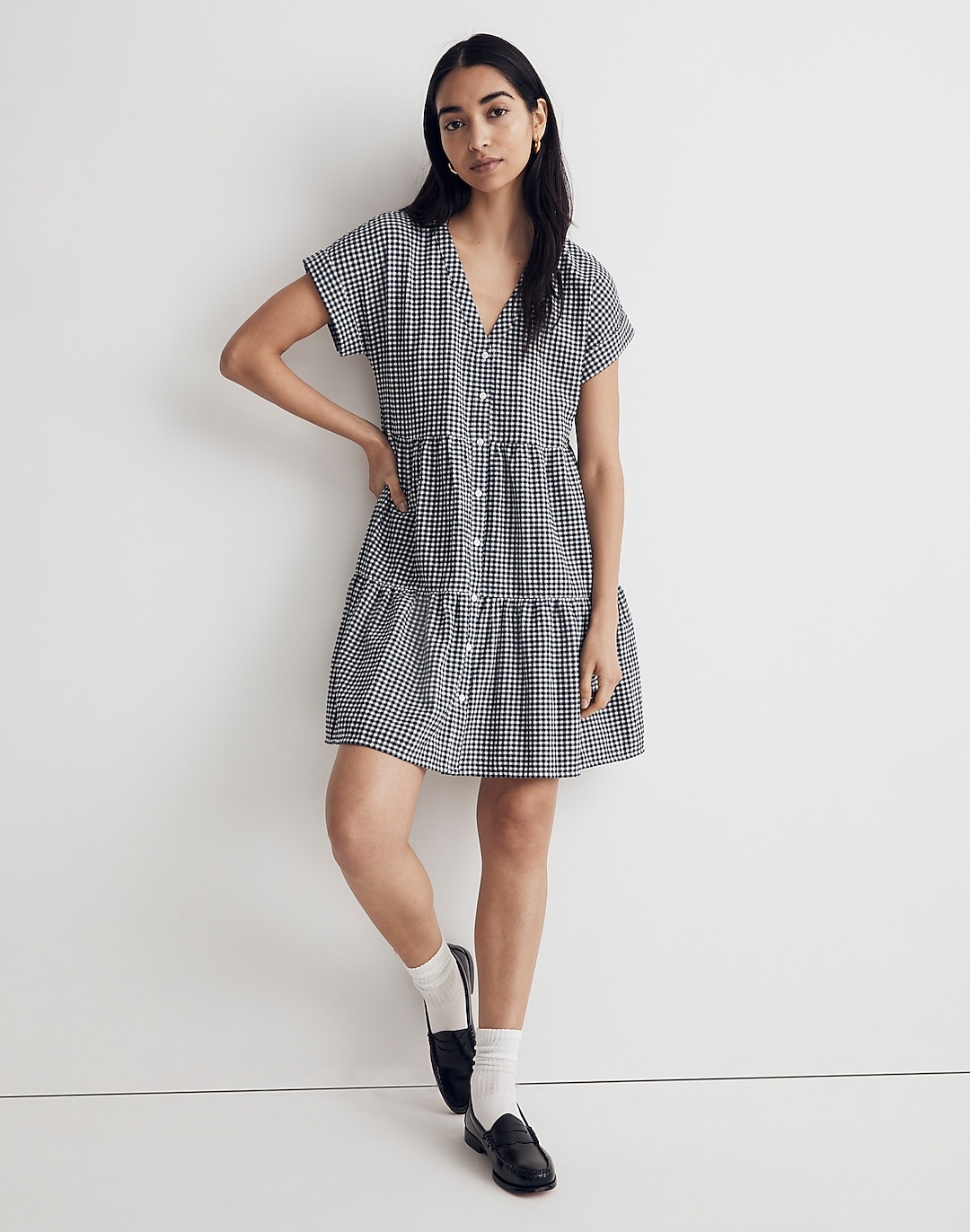 Cuff-Sleeve Button-Front Tiered Mini Dress in Gingham Check | Madewell