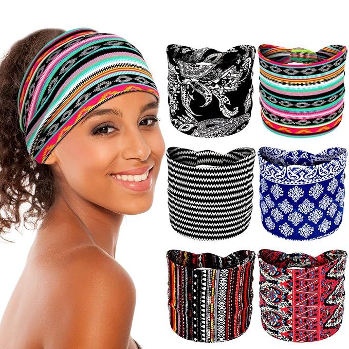 6 Pieces African Headband Stretchy Boho Print Head Band Yoga Sports Workout Hairband Elastic Turb... | Amazon (US)