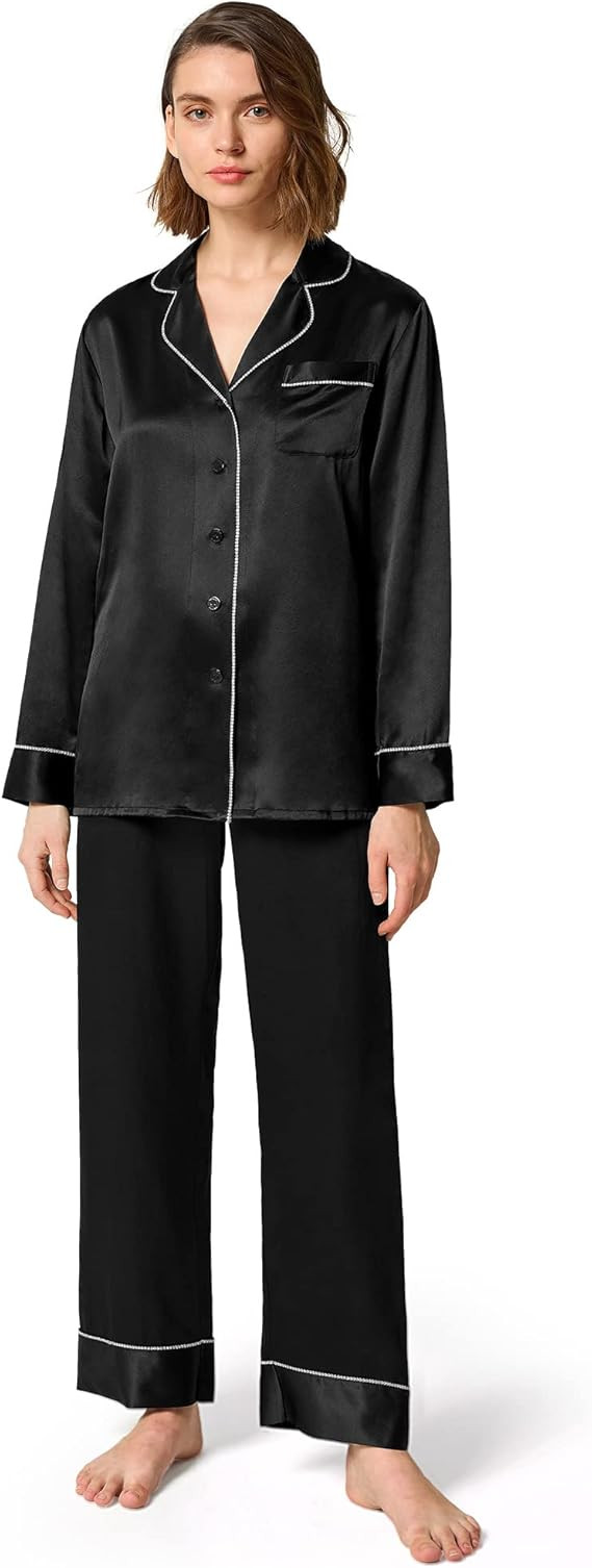 LilySilk Women's Silk Pajamas Set Rhinestone Trimmed Long Sleeve Sleepwear 100% Silk Button Down ... | Amazon (US)