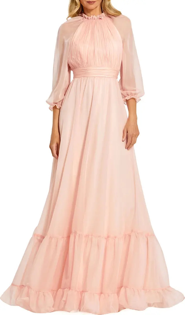 Sheer Sleeve Gathered Chiffon A-Line Gown | Nordstrom