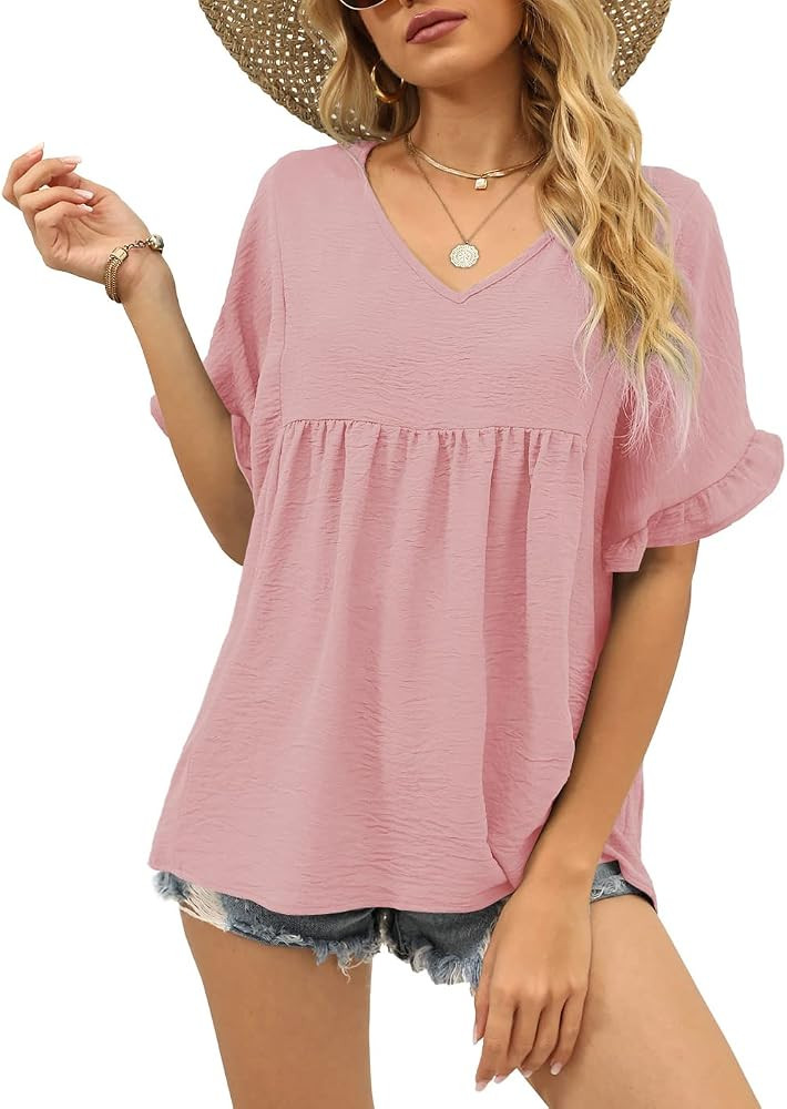 WIHOLL Womens Tops Casual V Neck Ruffle Sleeve T Shirts Babydoll Loose Fit Peplum Tops | Amazon (US)