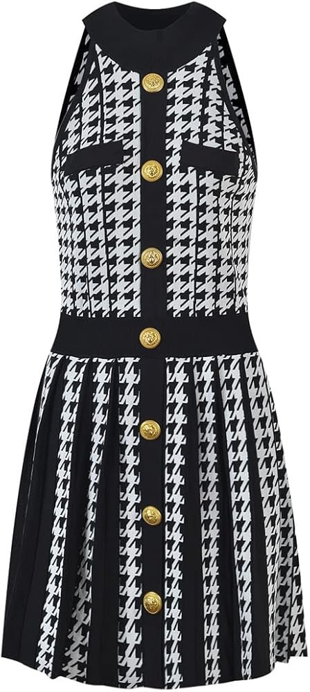 Summer Sleevless Classic Pattern Quality Vintage Pleated Knit Halter Tank Dress | Amazon (US)