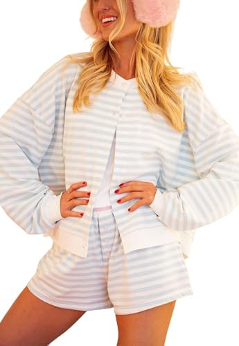 UAURORAO Women Striped Shorts Set Long Sleeve Button Down Cardigan Wide Leg Boxers 2 Piece Matching Outfits (Preppy Blue, Small) | Amazon (US)