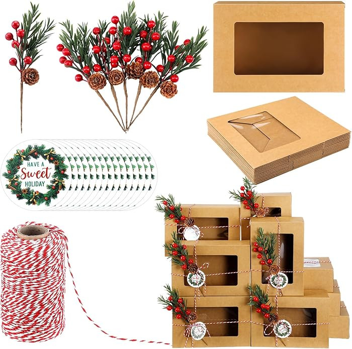 Shihanee 37 Pcs Christmas Cookie Boxes with Window Kraft Pastry Box with Artificial Pine Picks Gi... | Amazon (US)