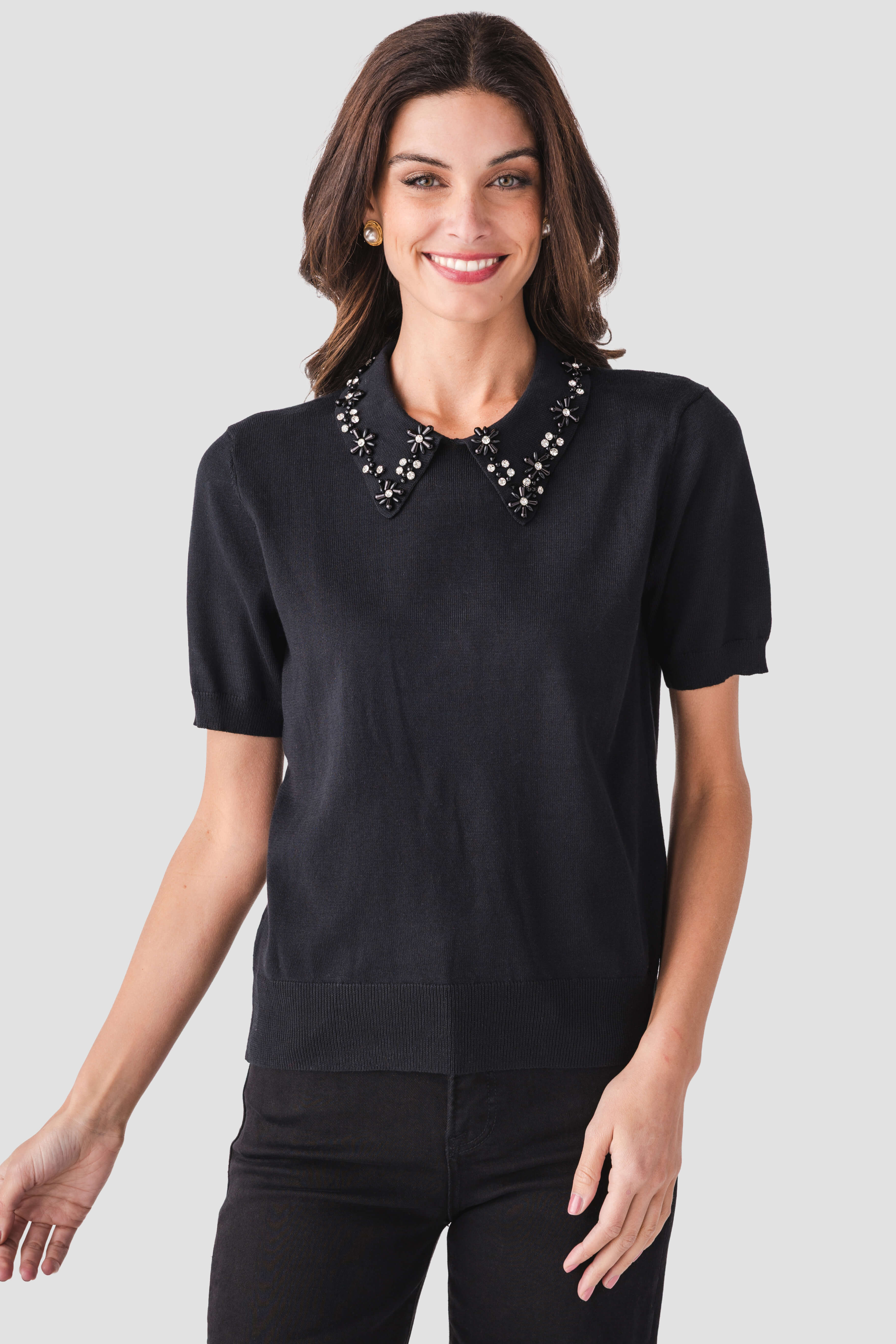 Pinch Embellished Collar Short Sleeve Sweater | Social Threads