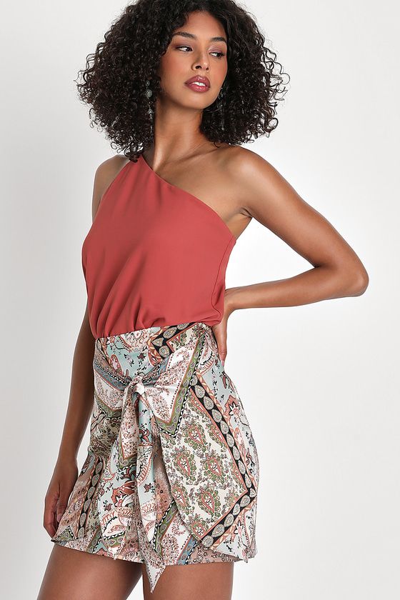 Excellent Aura Ivory Multi Print Satin Tie-Front Skirt | Lulus (US)