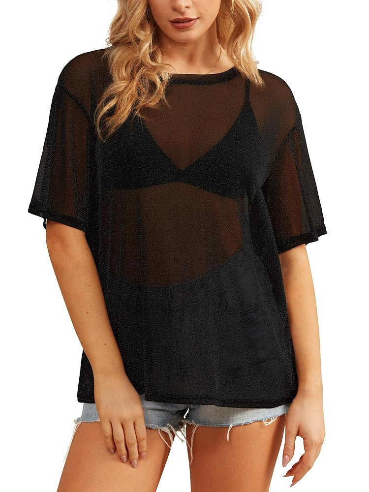 HWOKEFEIYU Women's Summer Short Sleeve Tops See Through Mesh Sheer Sexy T Shirt Blouse | Amazon (US)