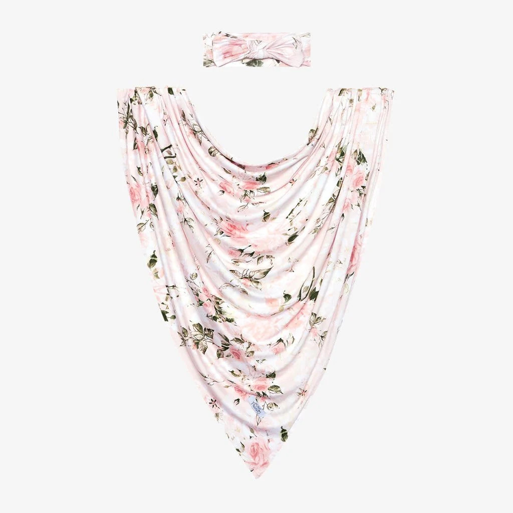 Swaddle & Headband Set | Vintage Pink Rose | Floral Baby Girl Swaddle | Posh Peanut