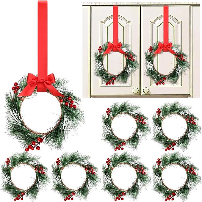 Crowye 6 Pcs Christmas Kitchen Cabinet Wreaths with Red Ribbon Hanging Garlands 10 Inches Artific... | Amazon (US)