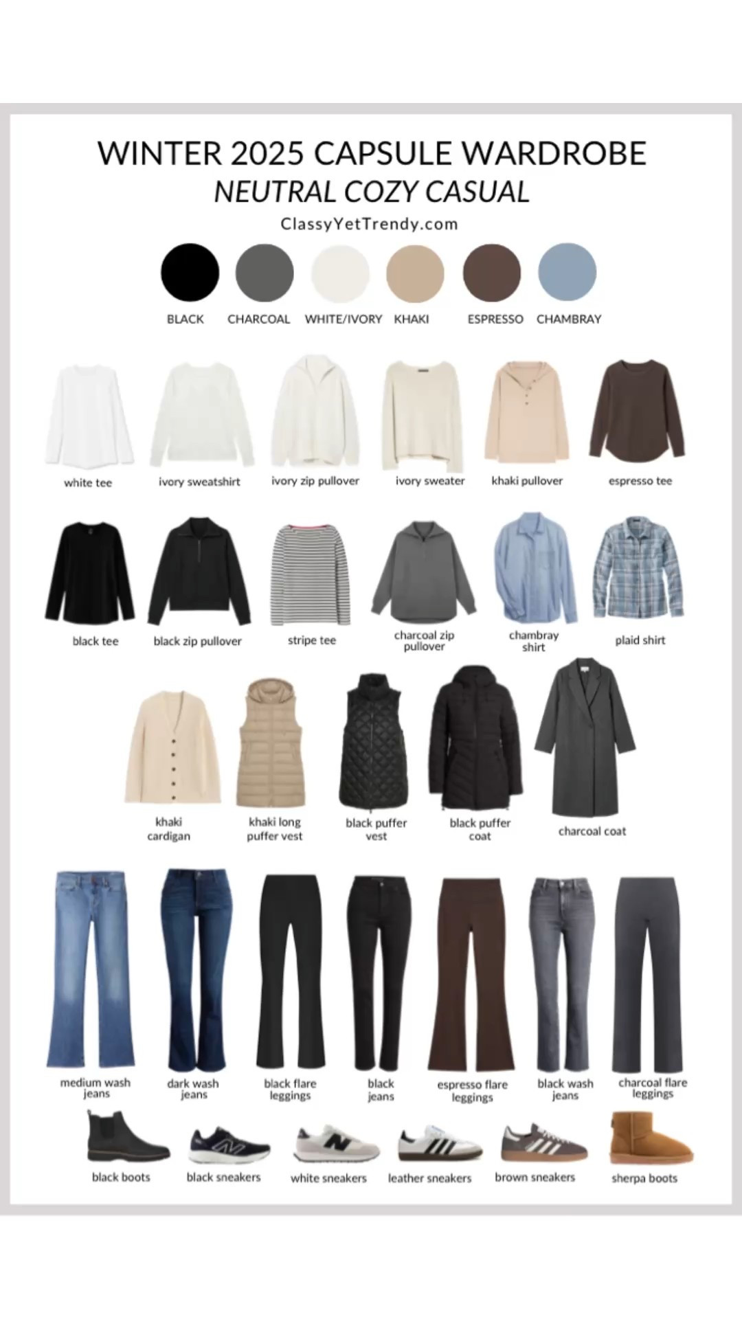 My Neutral Cozy Casual Winter 2025 Capsule Wardrobe in casual and athleisure styles ❄️ You can use this capsule wardrobe in your closet and also pack a few pieces for a travel wardrobe!

Pullover, puffer coat, flare leggings, jeans, sweater, tee, zip sweater, vest, sneakers, Sherpa boots, Chelsea boots 

#capsulewardrobe  #casualstyle #athleisure #athleisureoutfit   #amazonfashion #amazonfinds #founditonamazon