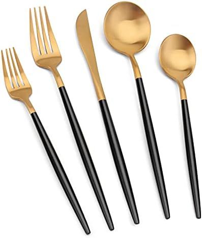 Matte Gold Silverware Set with black handle, Vanys 20 Piece Stainless Steel Cutlery Flatware Set,... | Amazon (US)