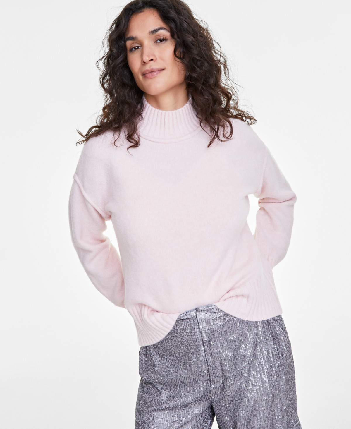 On 34th Women's Mock-Neck Jersey Roll-Trim Sweater, Exclusively at Macy's - Pink Dogwood | Macy's