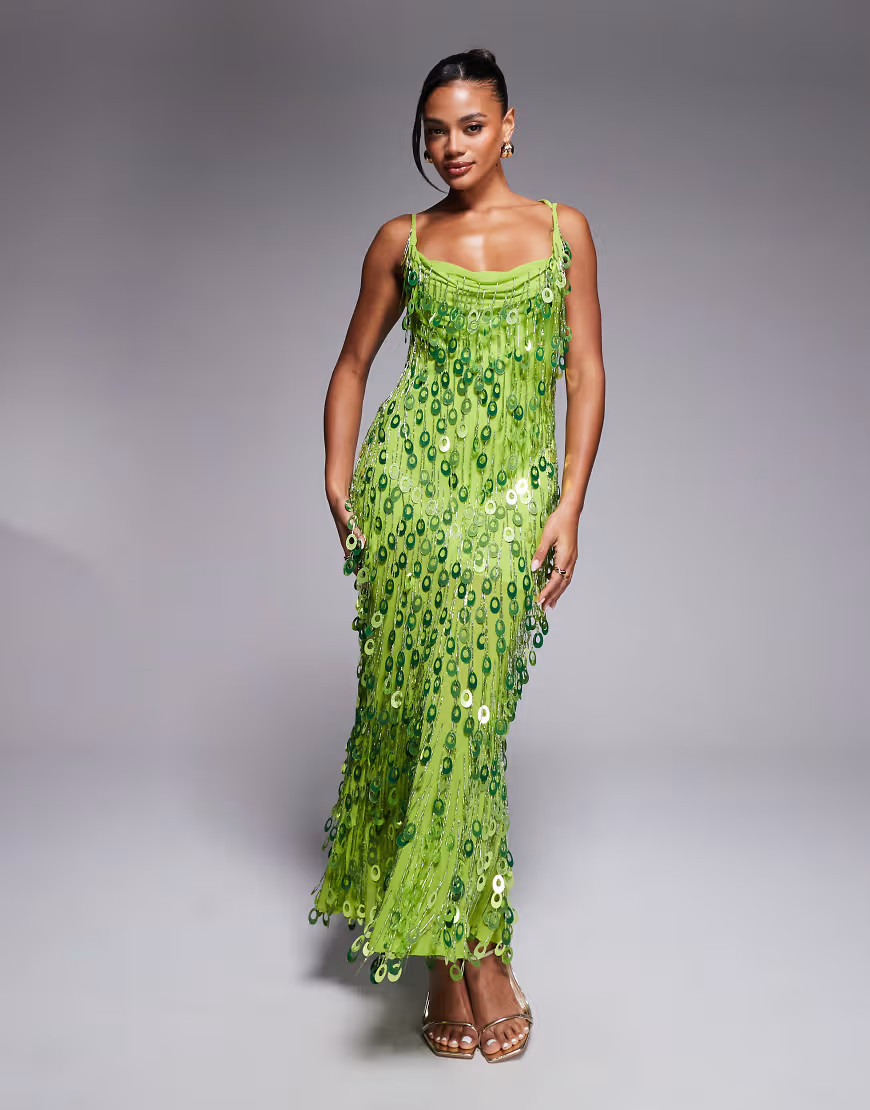 ASOS DESIGN – Maxikleid in Hellgrün mit Wasserfallausschnitt und tropfenförmigen Pailletten | ASOS (Global)