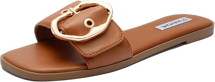 STUNAHOME Flat Sandals Women Fashion Slides With Soft Leather Paired with Metal buckle Slippers | Amazon (US)