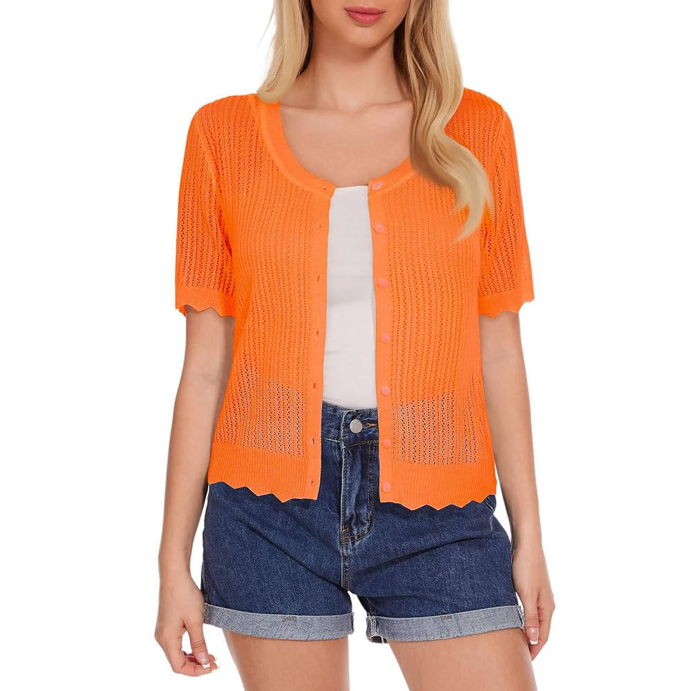 Women's Short Sleeve Summer Hollow Out Crew Neck Button Down Cardigan Sweater | Amazon (US)