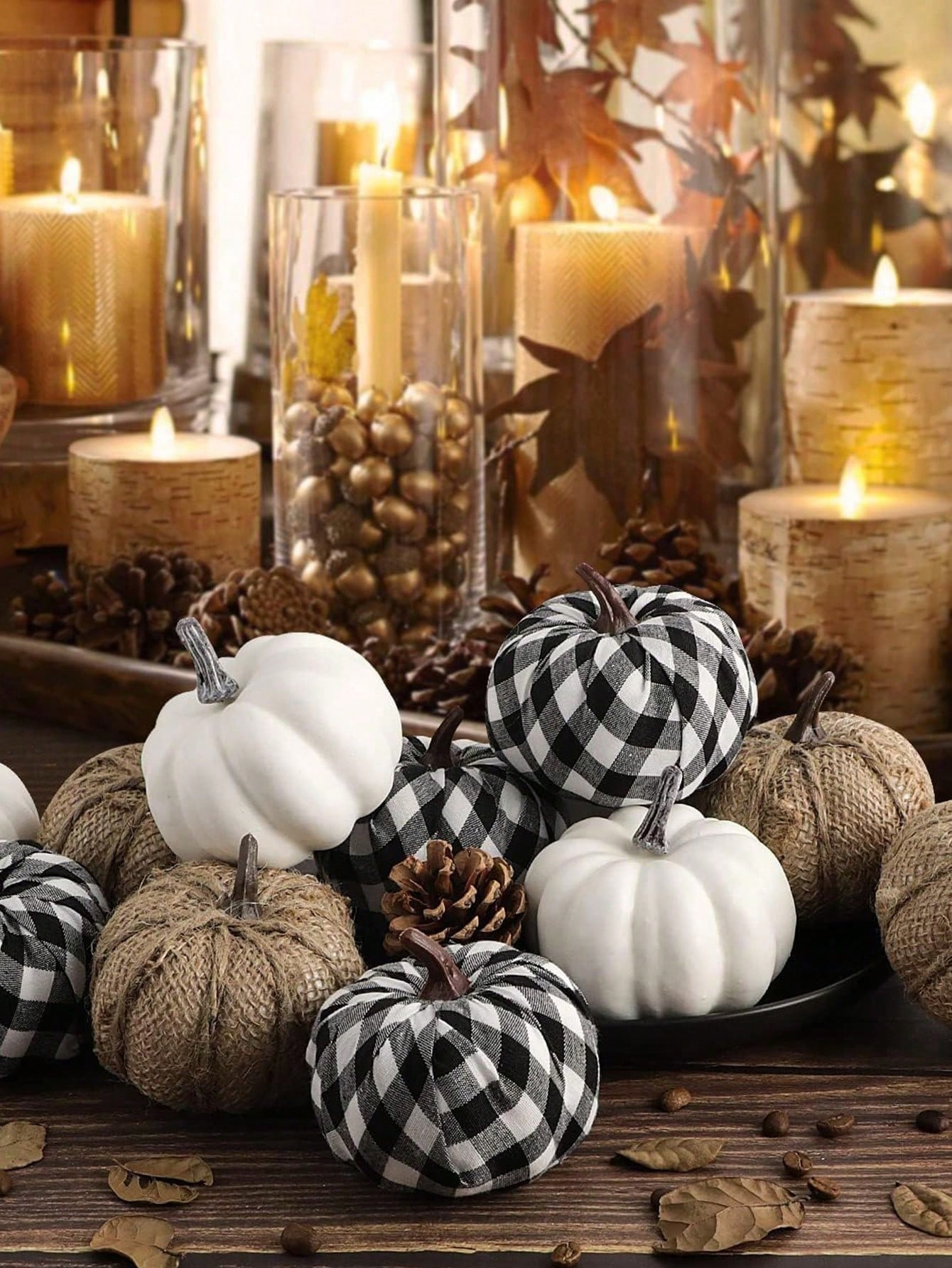 6 Pcs Mixed Assorted Sizes Artificial Pumpkins, Paintable White Fake Pumpkin Plaid Fabric Burlap ... | SHEIN