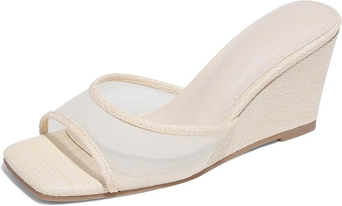 Erocalli Wedge Sandals for Women Square Open Toe Raffia Dressy Sandals Comfortable Mesh Beach Sum... | Amazon (US)