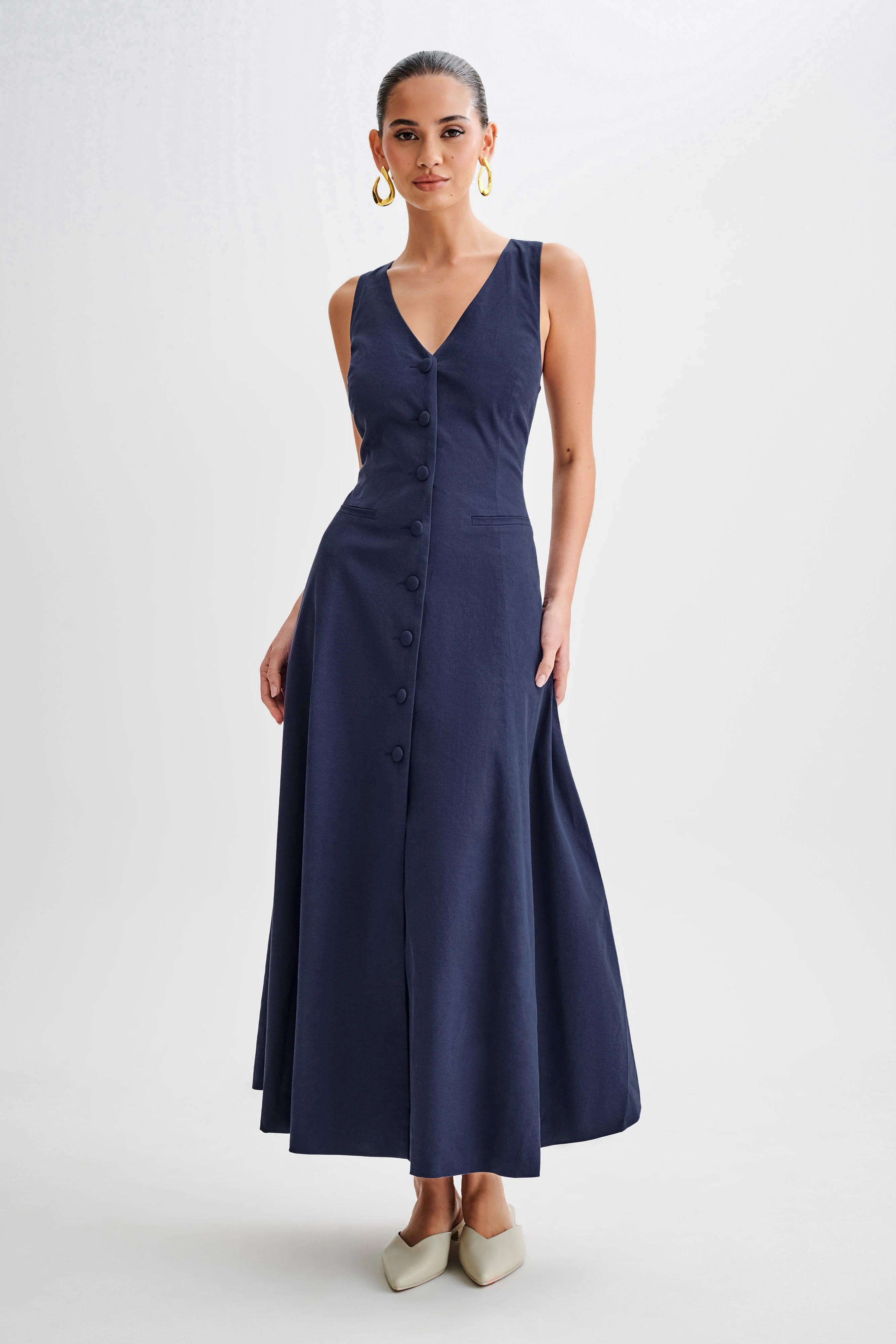 Theodora Cotton Buttoned Midi Dress - Navy | MESHKI US
