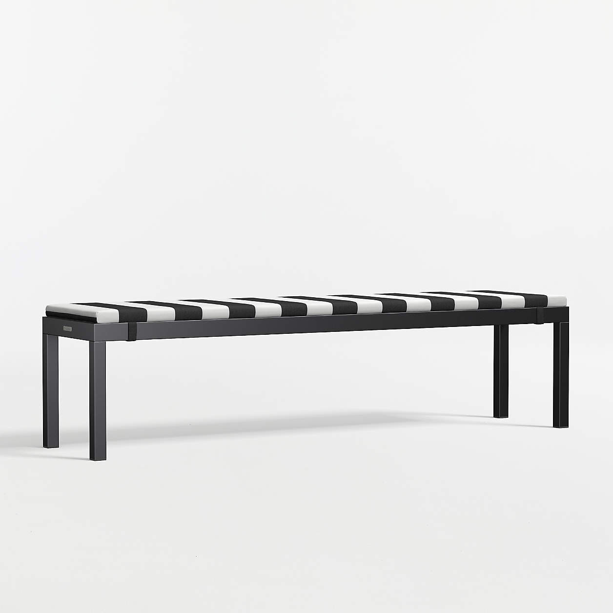 Alfresco Black Metal Outdoor Dining Bench with Black and White Cabana Stripe Sunbrella Cushion + ... | Crate & Barrel