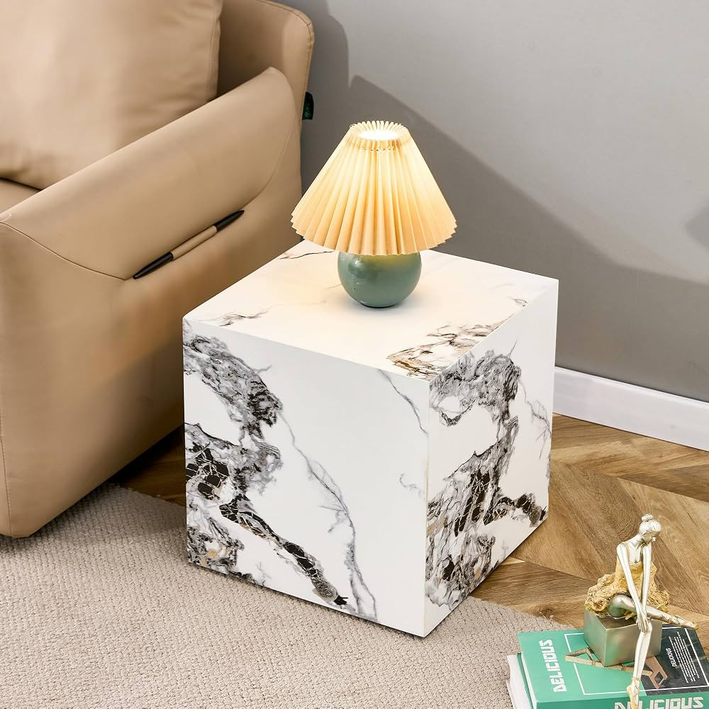 Wooden End Table Cube Side Table Imitation Marble Grain Coffee Table Modern Bedside Nightstand fo... | Amazon (US)