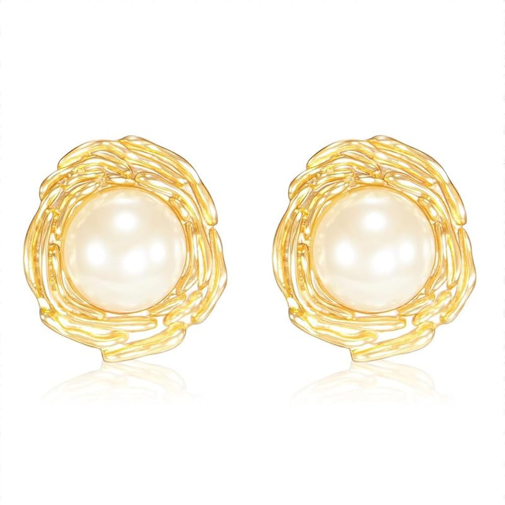 Pearl Stud Earrings for Women, Faux Large Gold Pearl Earrings Studs, Dainty White Big Pearl Earri... | Amazon (US)