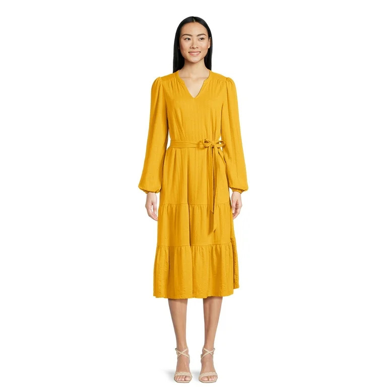Time and Tru Women's Long Sleeve Textured Midi Dress | Walmart (US)