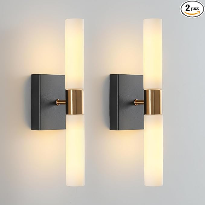 Wall Sconces Set of Two Black and Brass Wall Lights with White Frosted Glass Shade Modern Wall La... | Amazon (US)