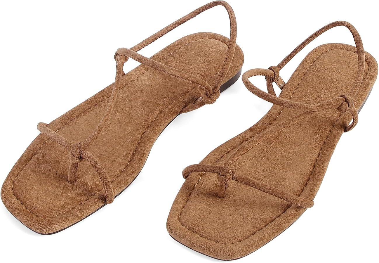 Strappy Flat Sandals for Women Comfortable Square Toe Slingback Sandals Dressy Beach Thong Flip F... | Amazon (US)